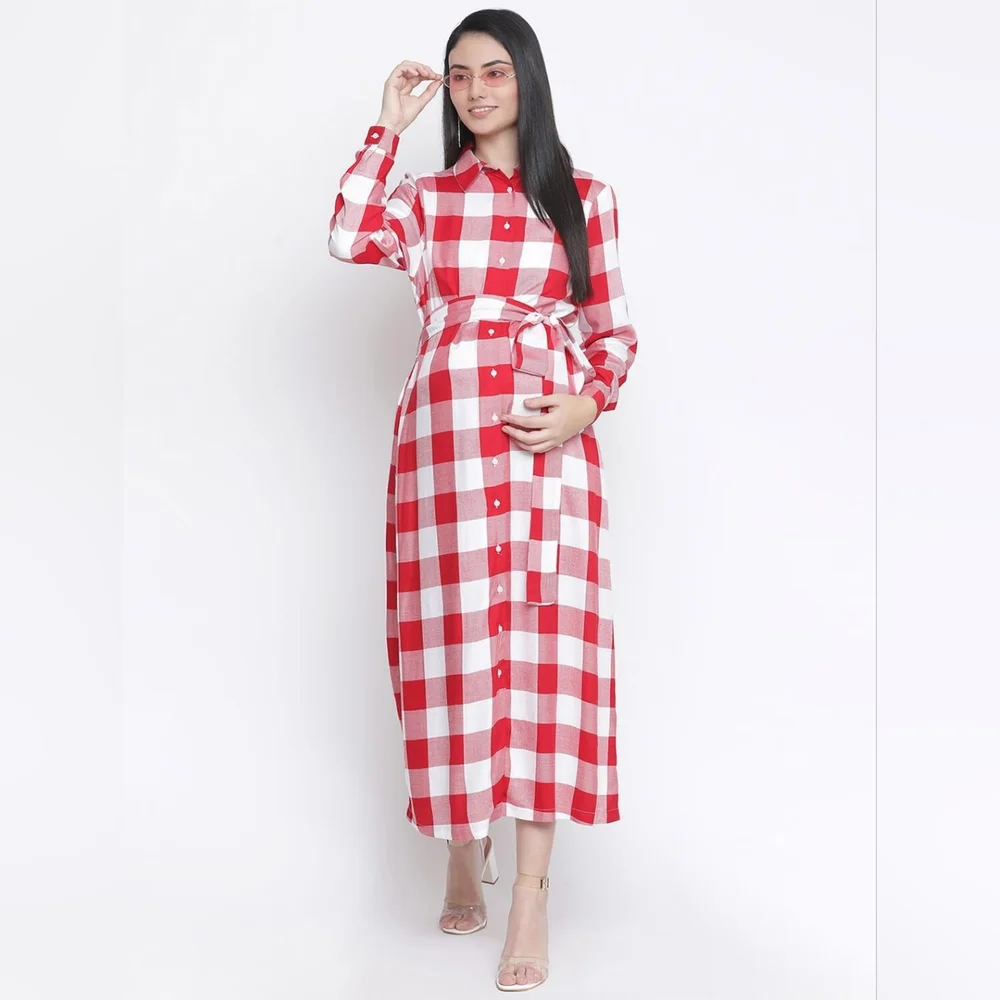 Cerise: Gingham Maternity Dress - Picture 3 of 4